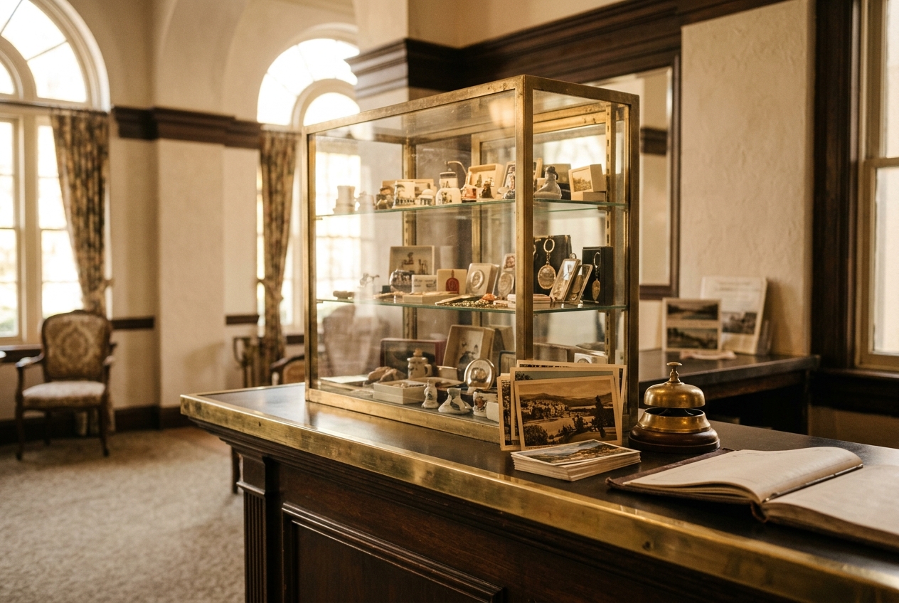 A vintage hotel lobby gift counter